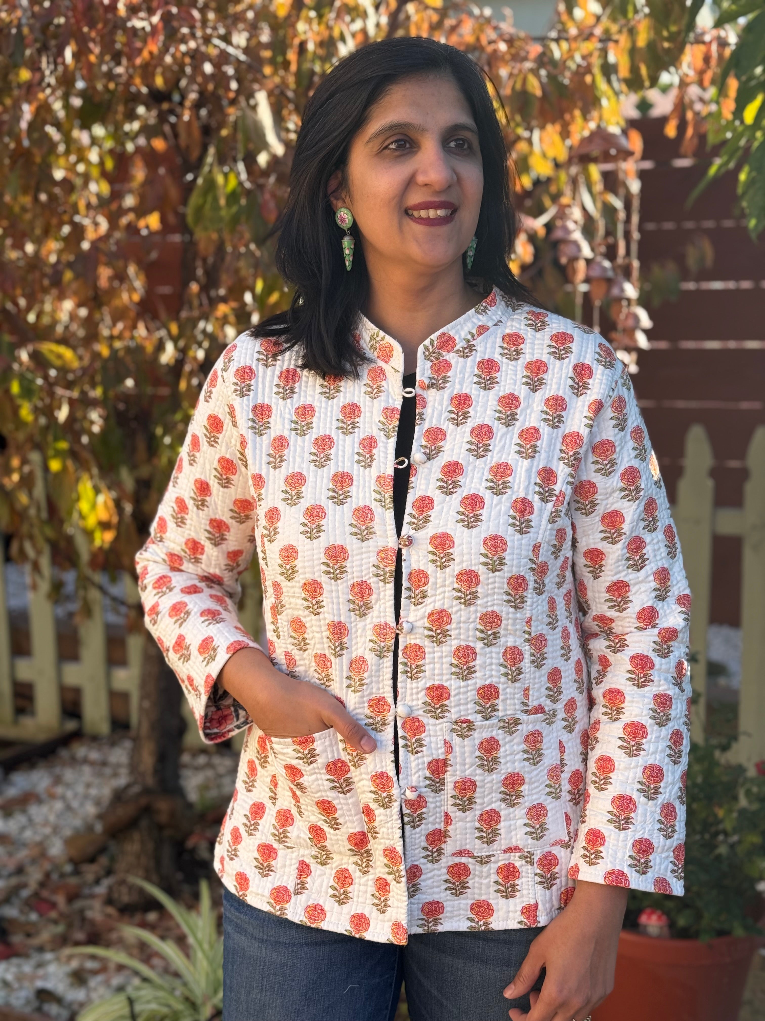 White - floral jaipuri reversible jacket