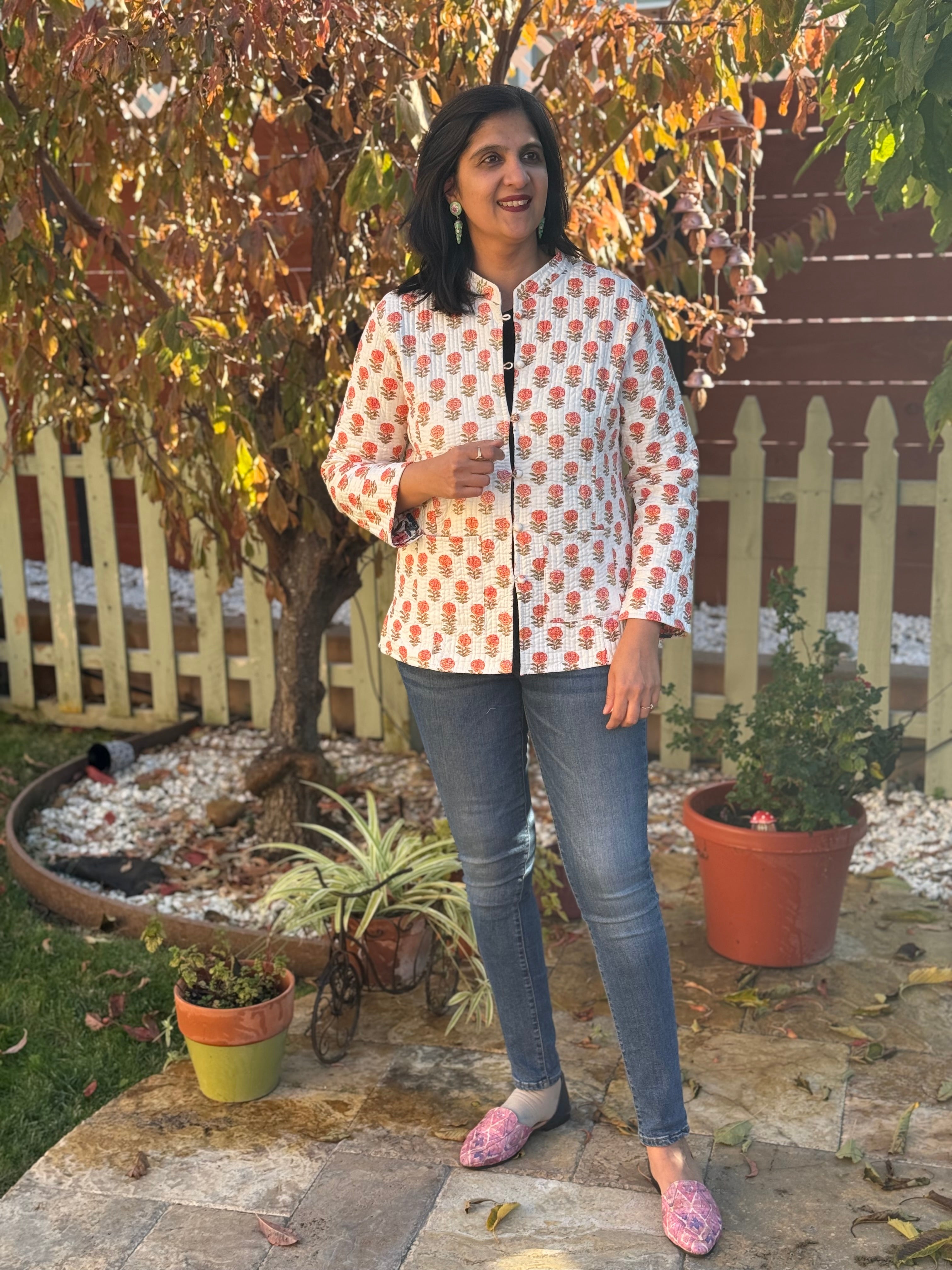 White - floral jaipuri reversible jacket