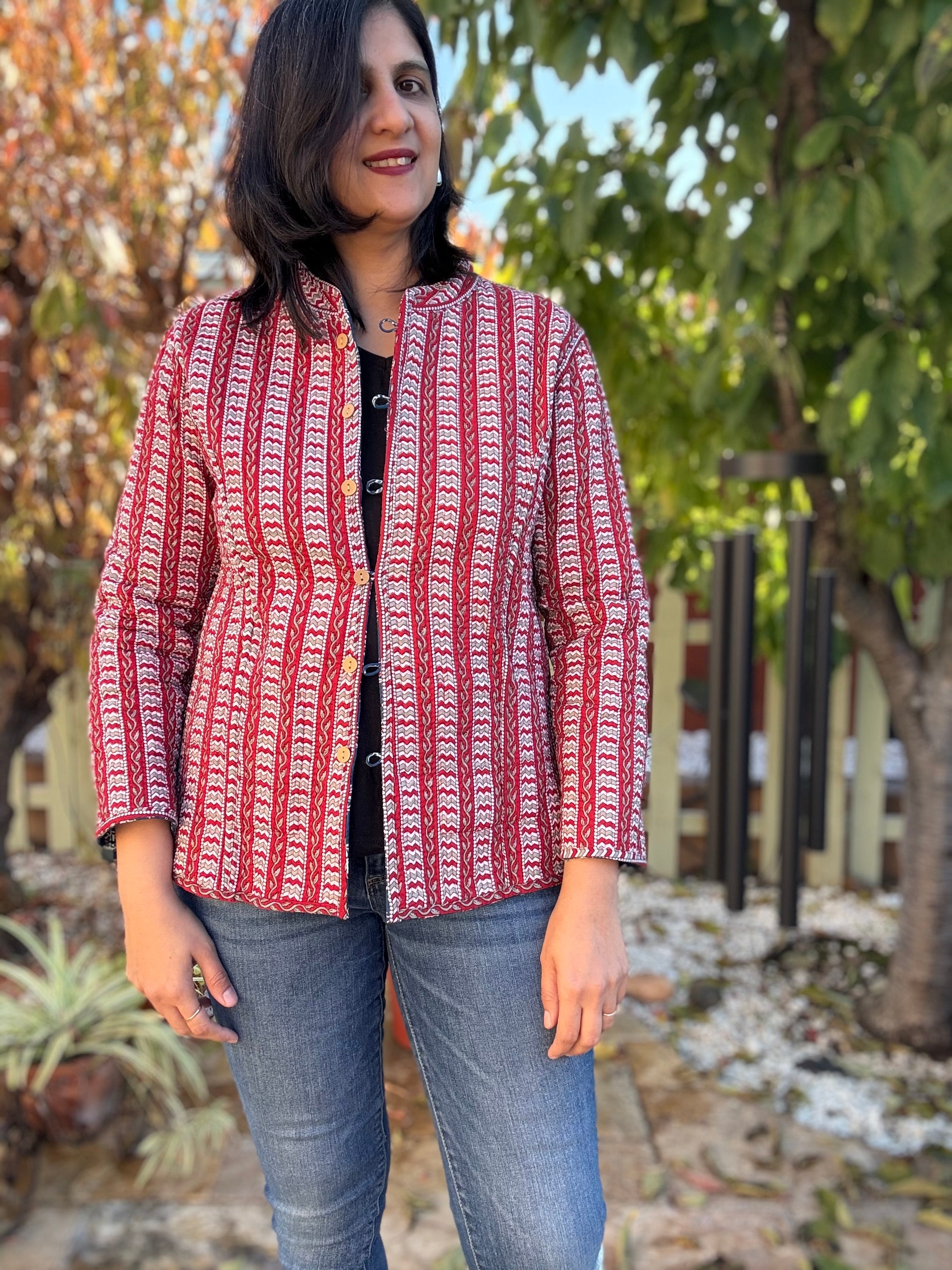 Indigo - Brick red reversible quilted jacket