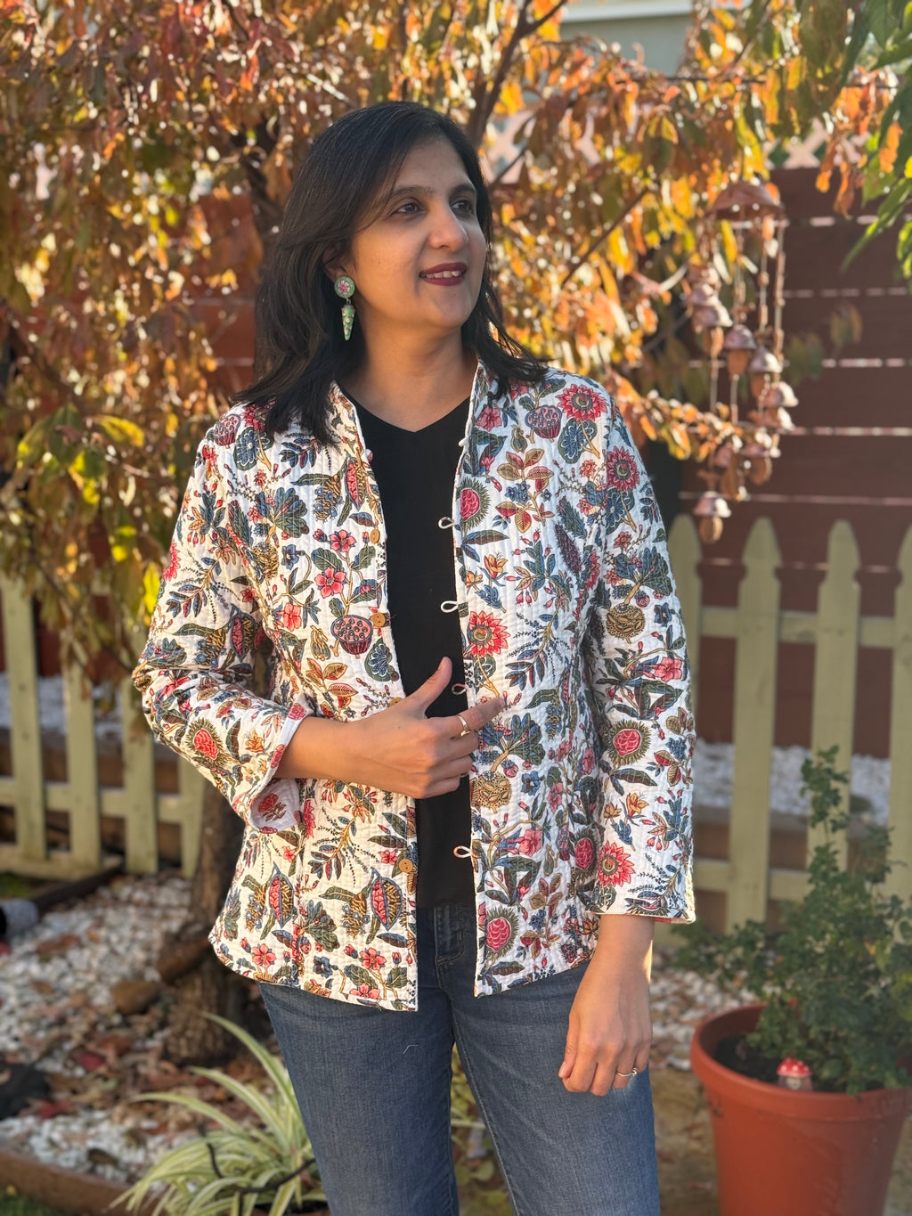 White - floral jaipuri reversible jacket