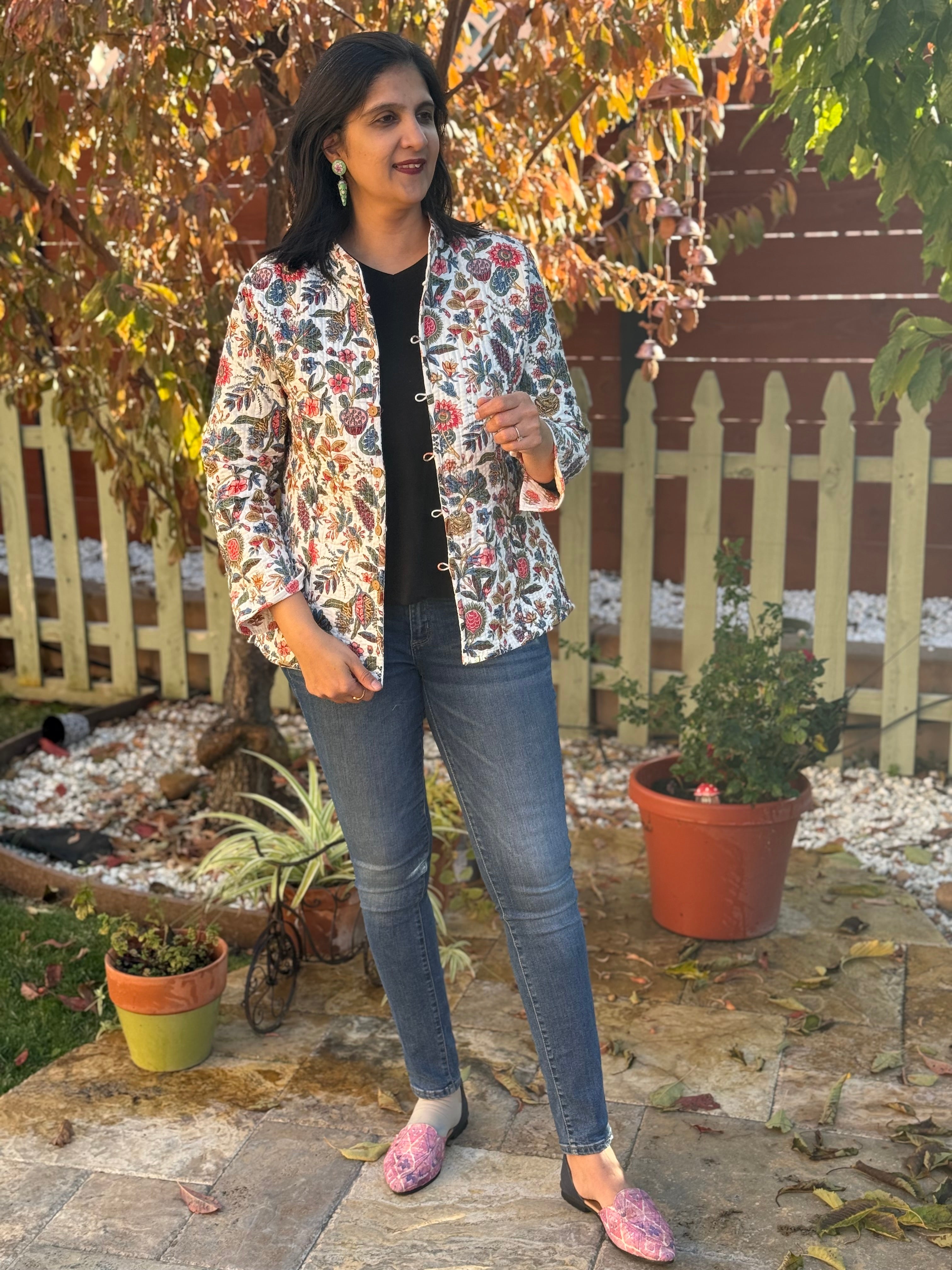 White - floral jaipuri reversible jacket